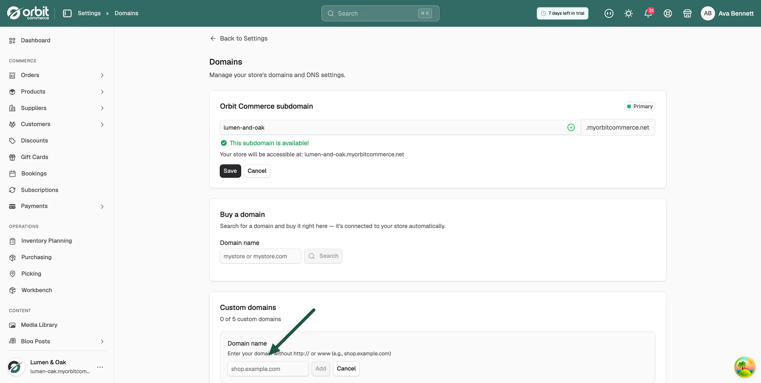 A custom domain added to the list with the status Pending verification