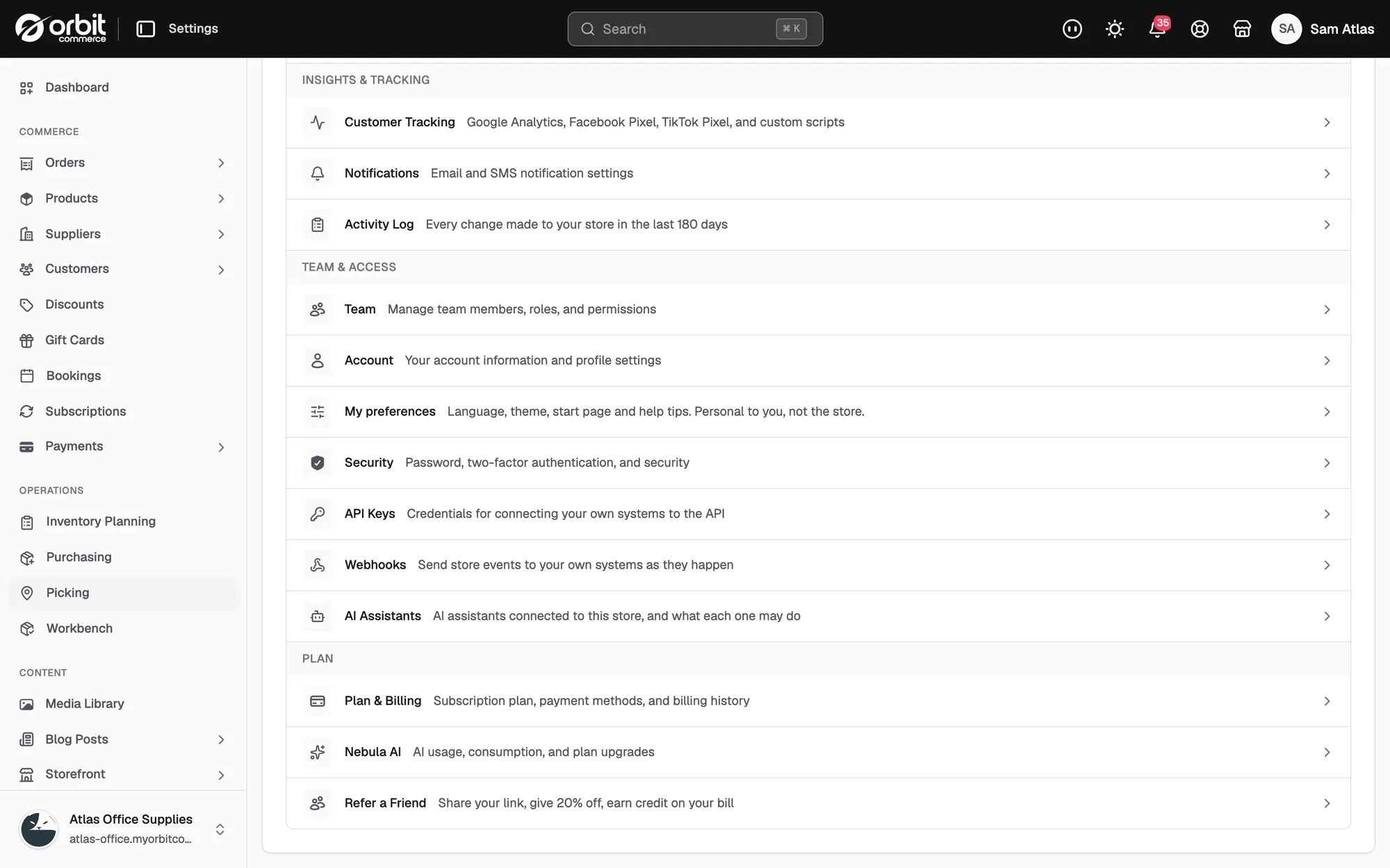 The Team and Access group in Settings, where API Keys, Webhooks and AI Assistants live.