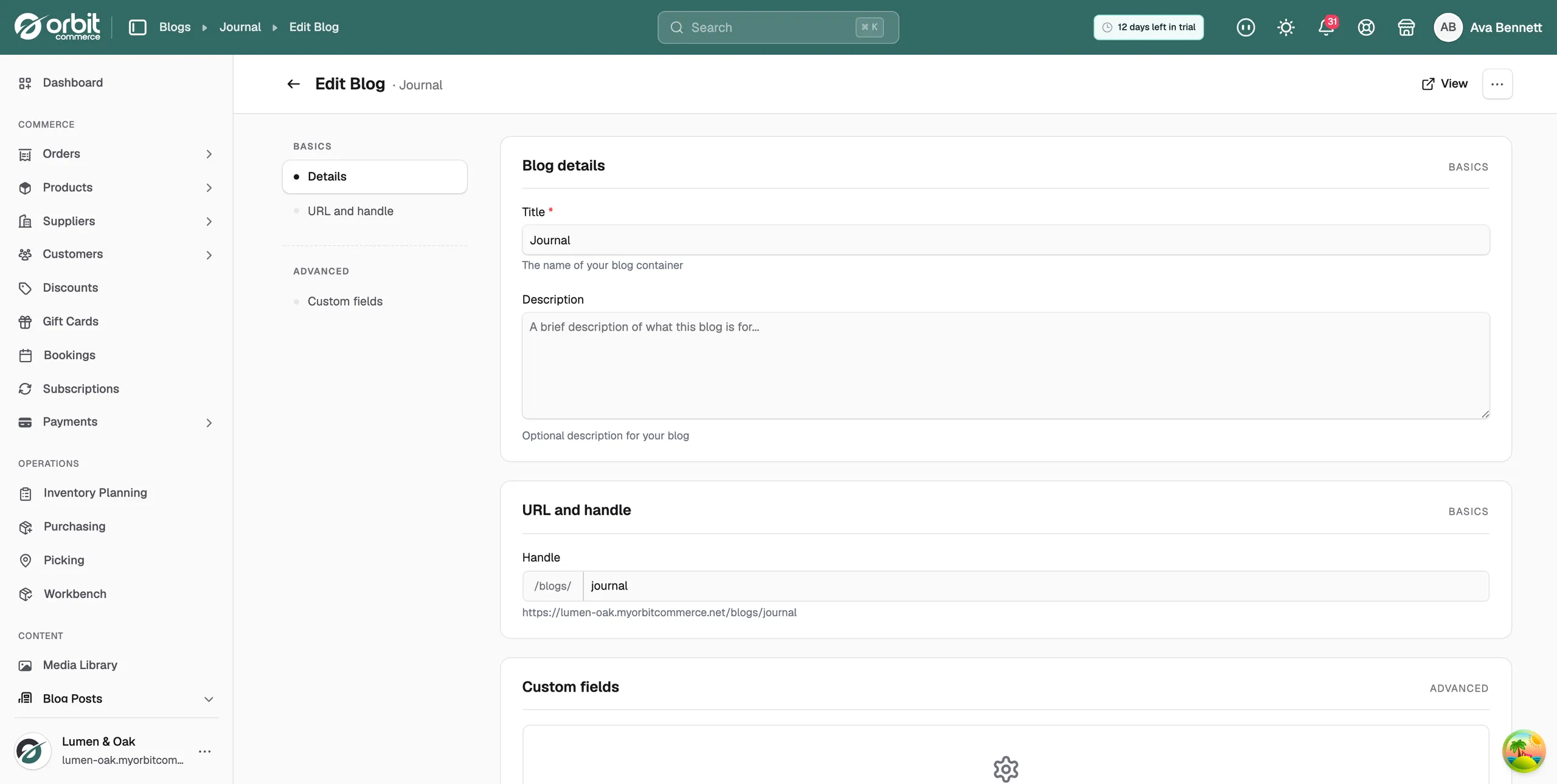 The Edit Blog page showing the blog details fields
