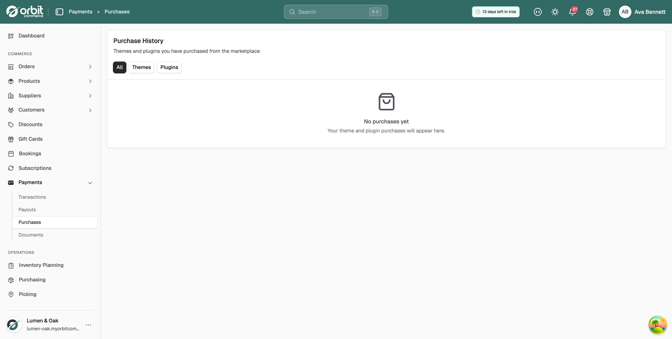 The Purchase History page with the All, Themes and Plugins filters above the list of purchases
