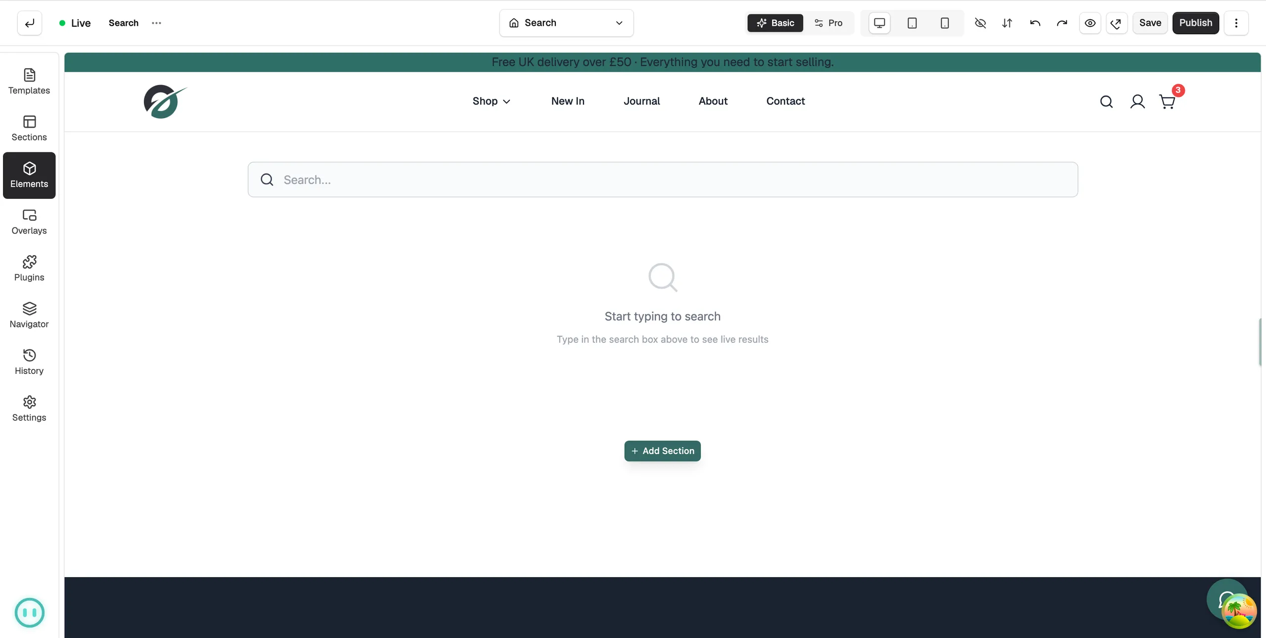 The search results template open in the page builder, showing sample search results on the canvas