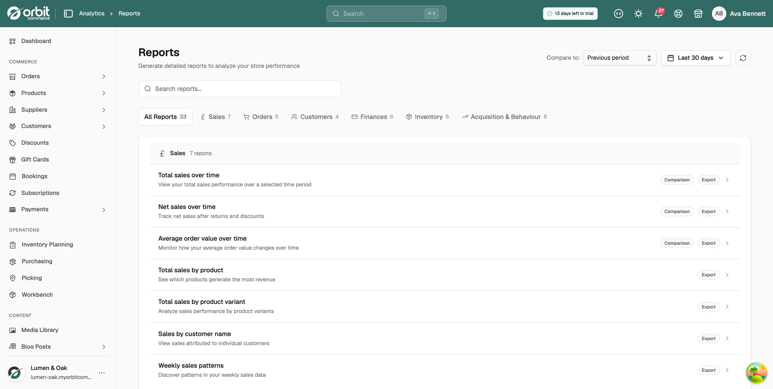 The Reports page in the Orbit dashboard, showing the search field, the category tabs and the grouped report list