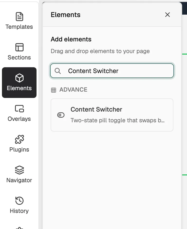The Elements panel in Pro mode with Content Switcher found in the Advance group.