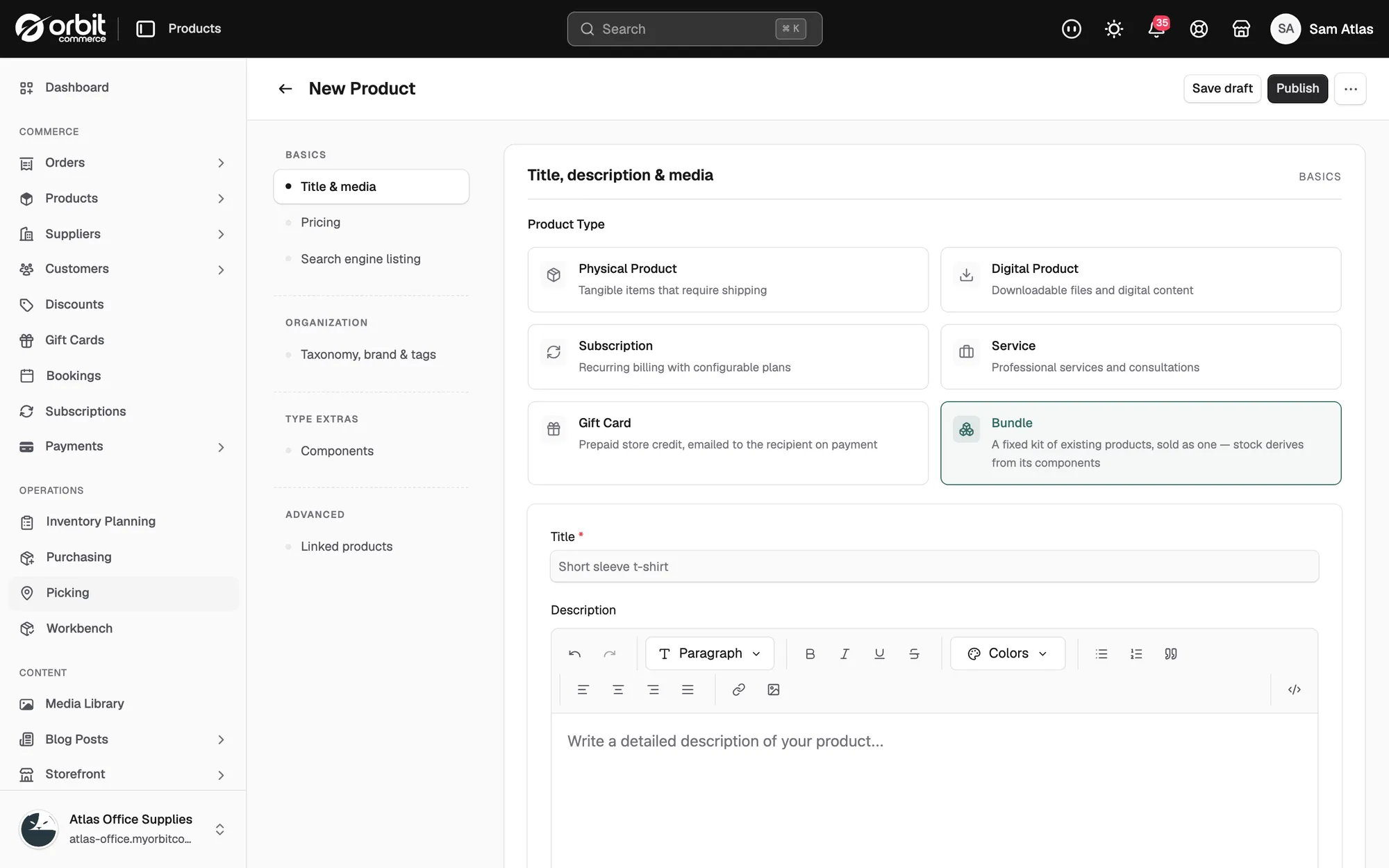 The new product page with Bundle chosen under Product Type.