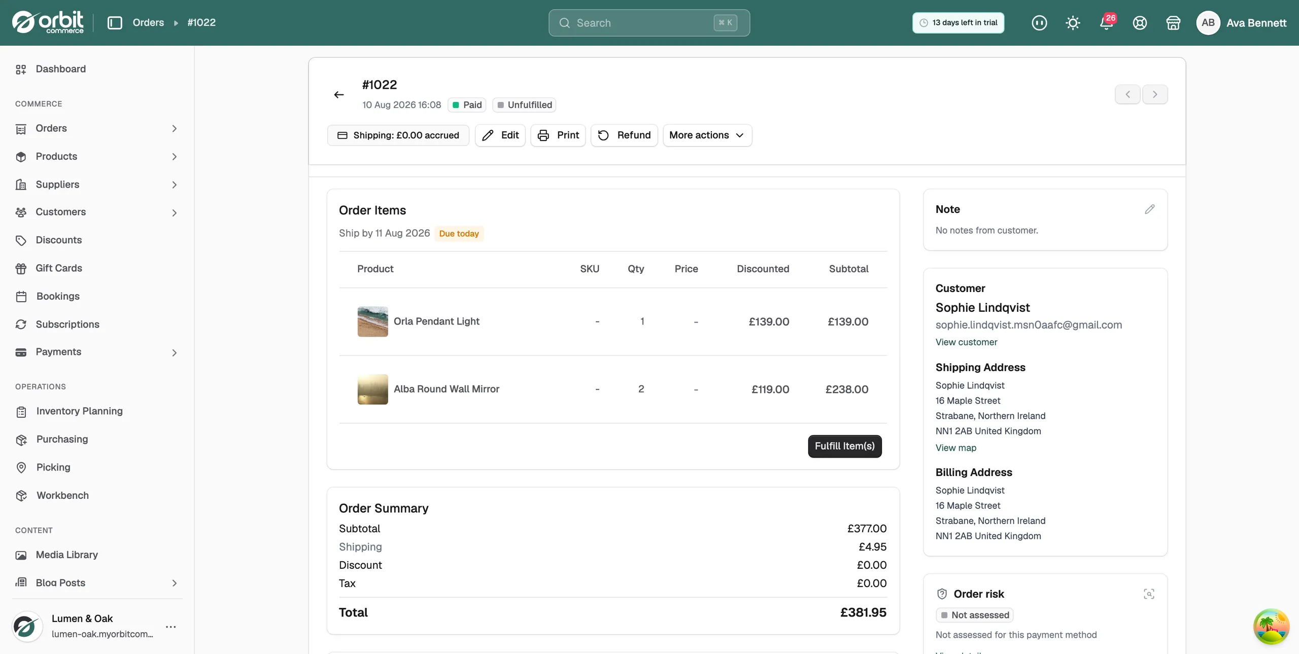 An order page in Orbit, with the order items and the Fulfill Item(s) button