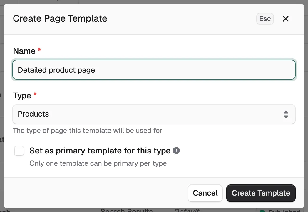 The Create Page Template dialog with a name entered and the Products type chosen.
