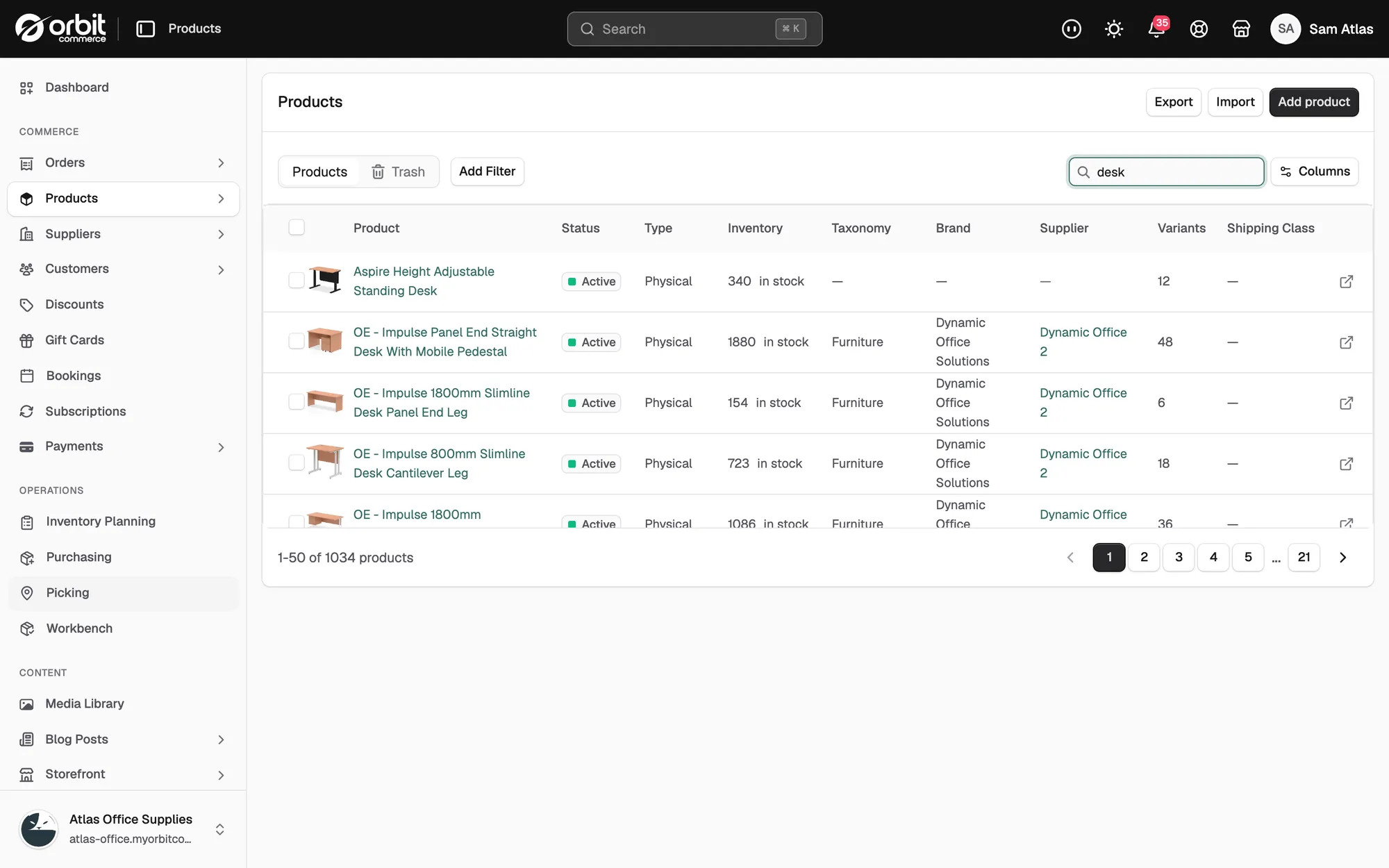 The Products list filtered to desks, with the Status column beside each product.