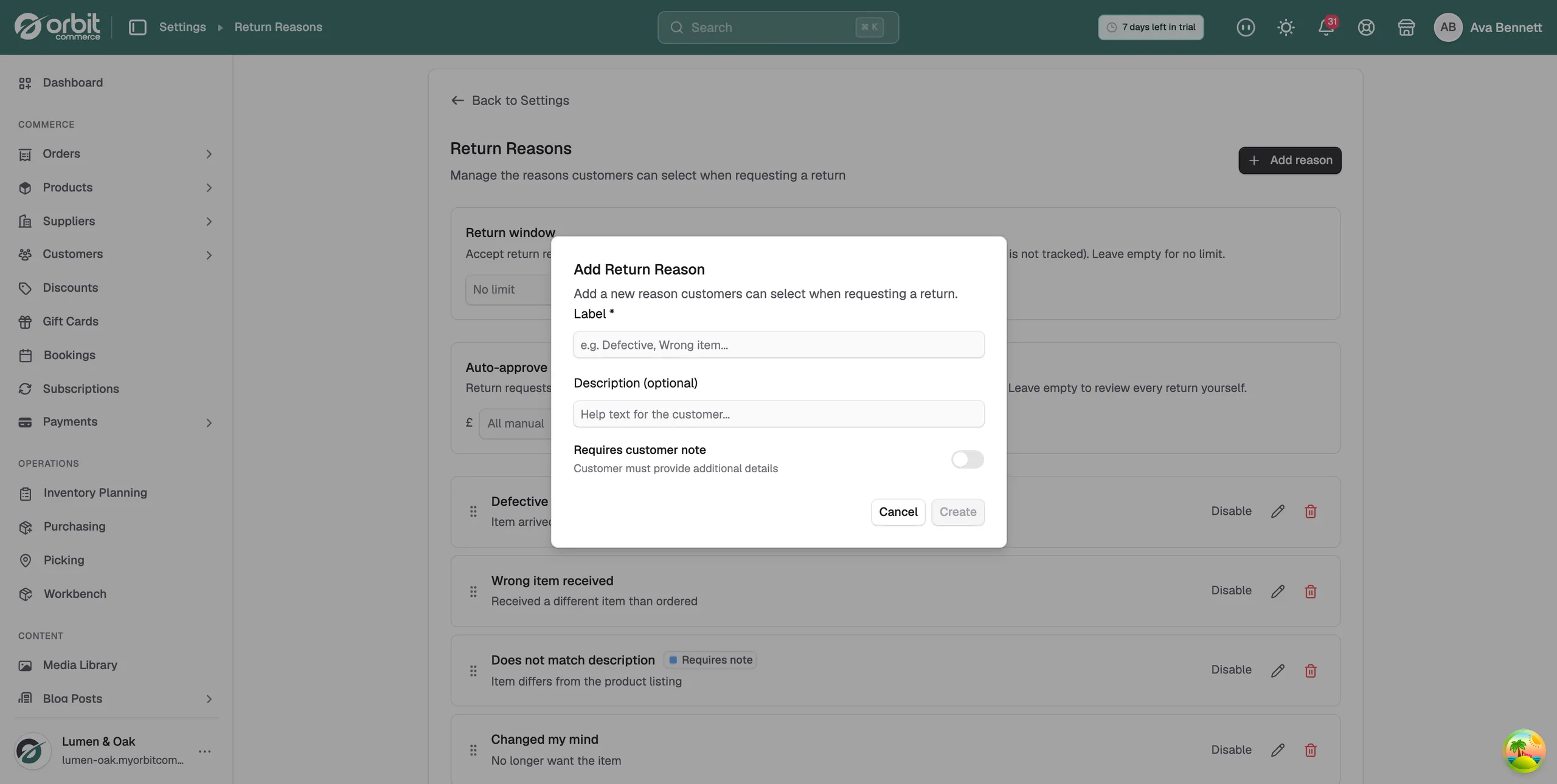 The Add Return Reason window with the Label, Description and Requires customer note fields