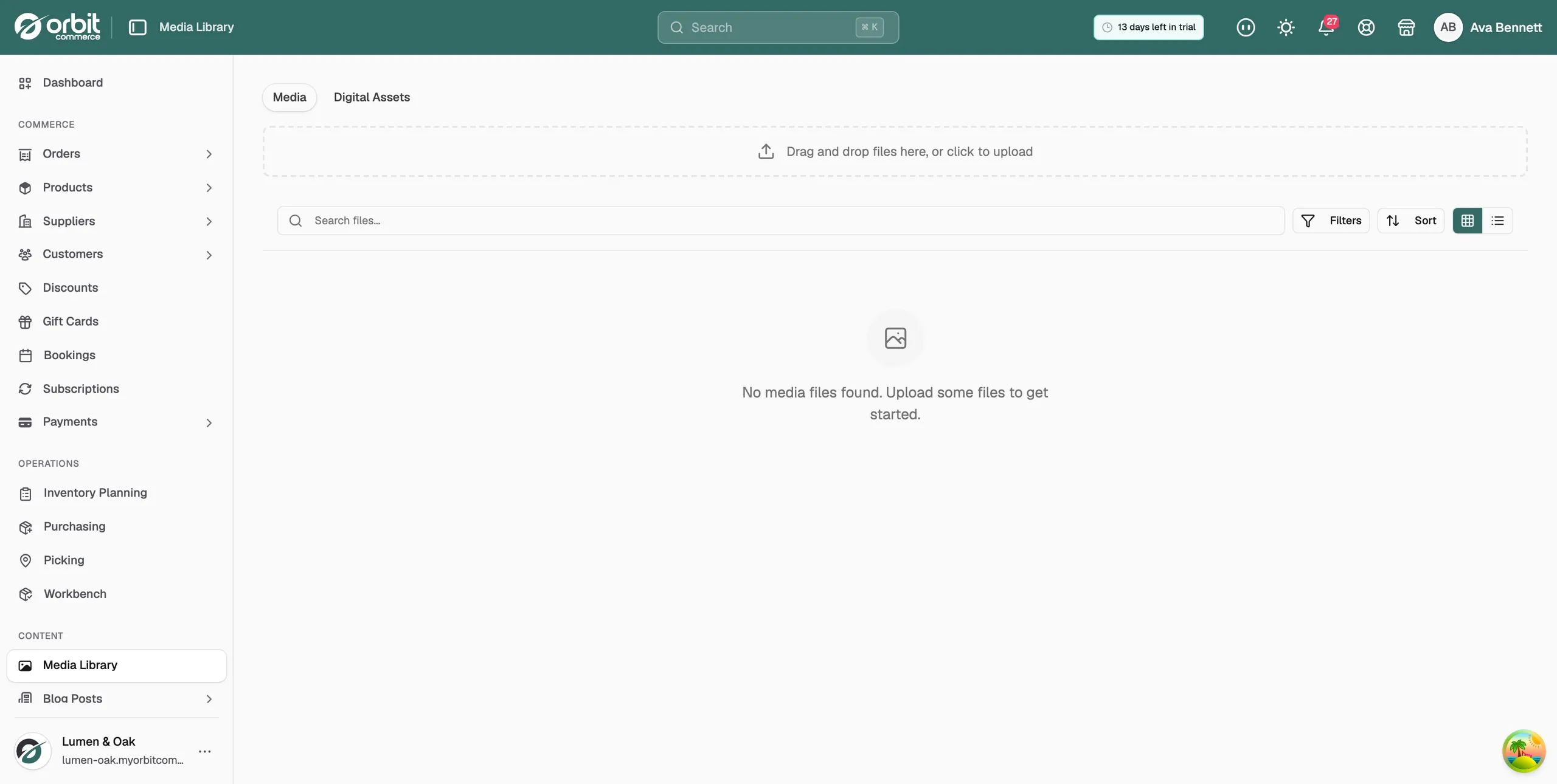 The Media Library in Orbit, listing uploaded files with their alt text, date added, size and references