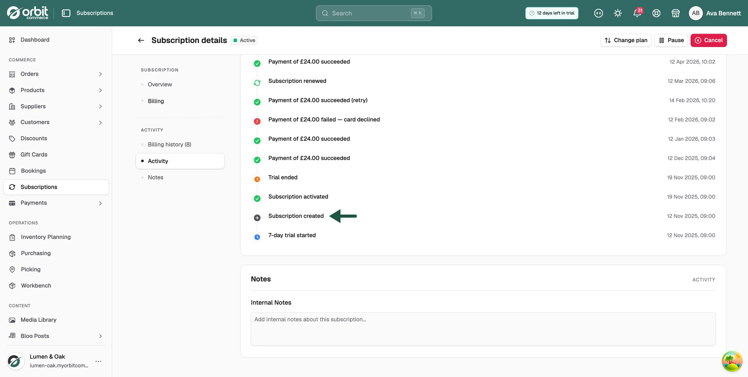 The Activity timeline showing dated subscription events such as created, renewed and paused