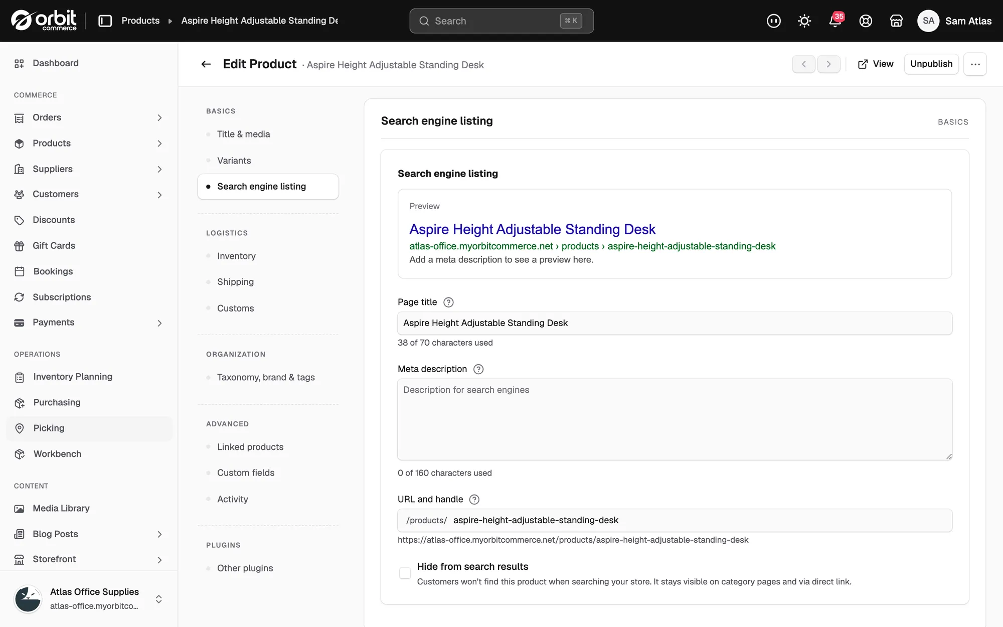 The Search engine listing section of a product with the Hide from search results tick box at the bottom.