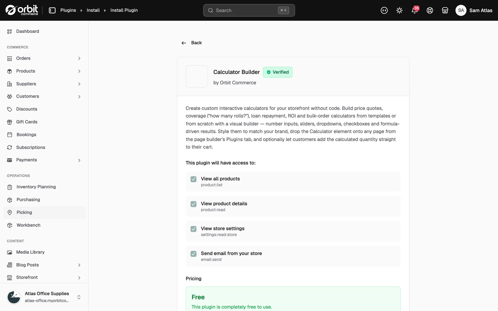 The Calculator Builder details page, showing what the plugin may access and that it is free.