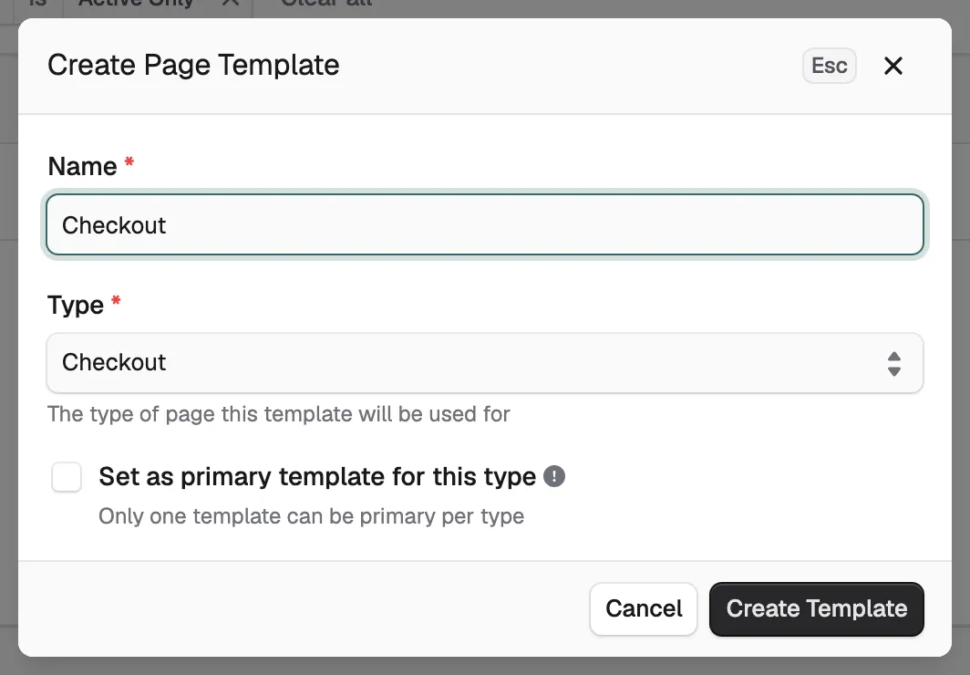 The Create Page Template dialog with the name Checkout and the type set to Checkout.