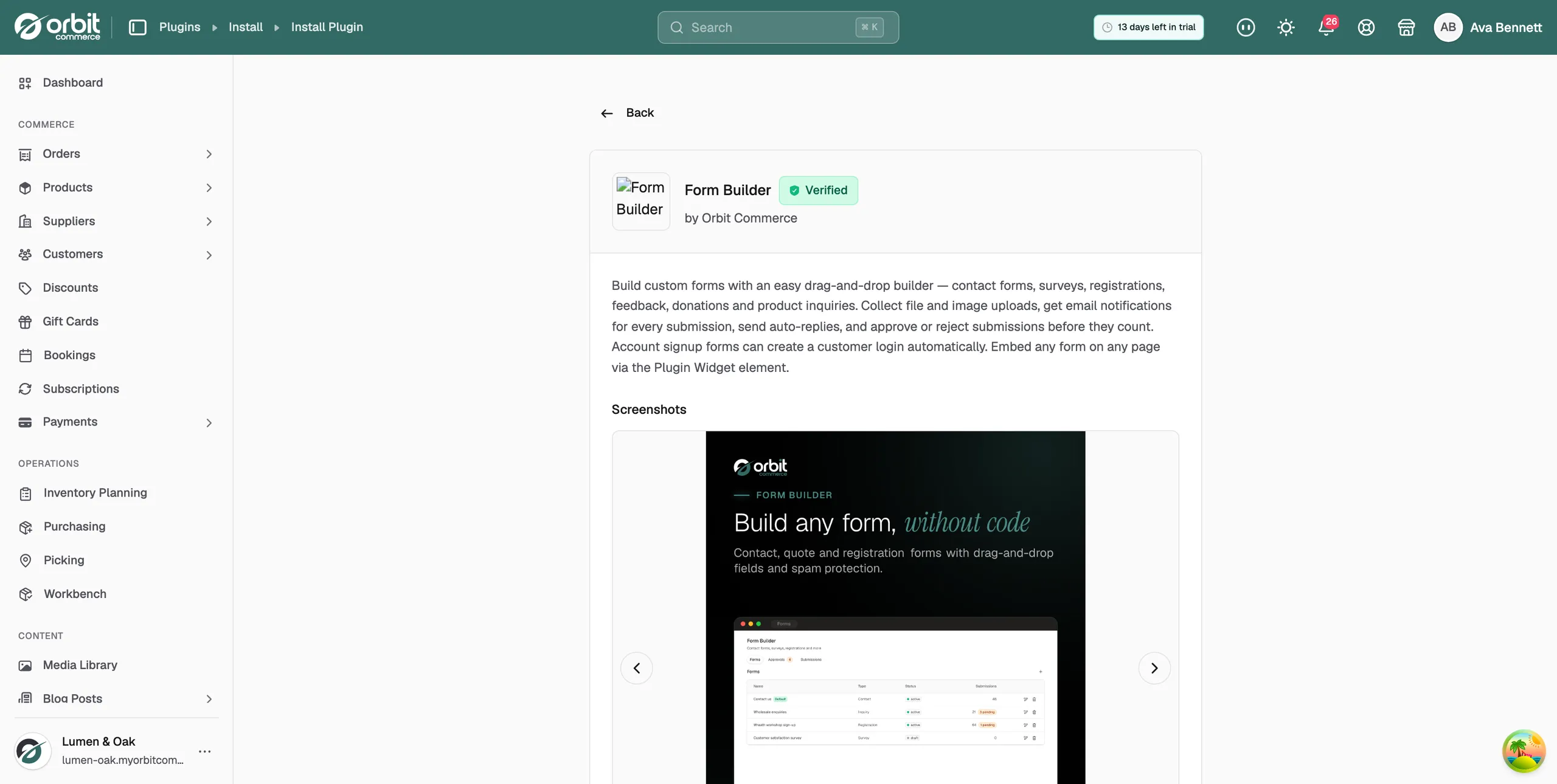 The Form Builder plugin, with a form being built from drag-and-drop fields