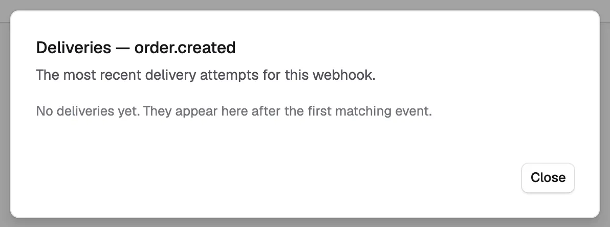 The Deliveries dialog for a webhook that has not received an event yet.