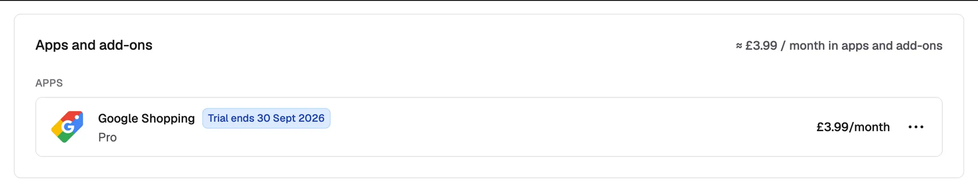 The Apps and add-ons card in Plan and Billing, with the rough monthly total at the top right.