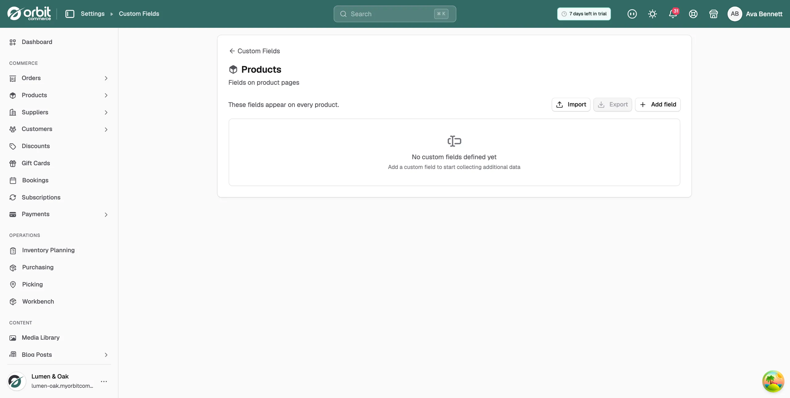 The Products area with no custom fields defined yet and an Add field button