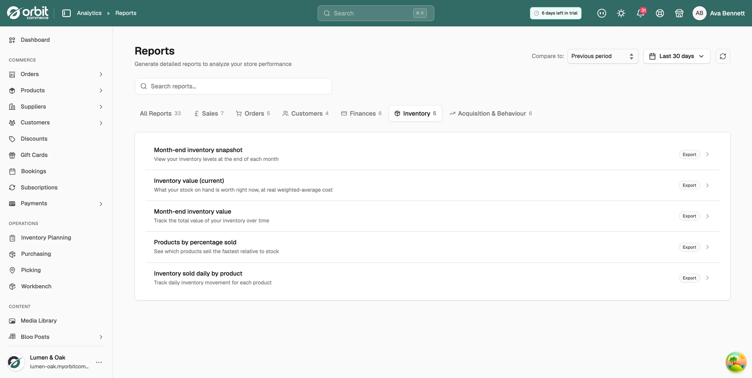 The Inventory tab of the Reports page, listing the inventory reports