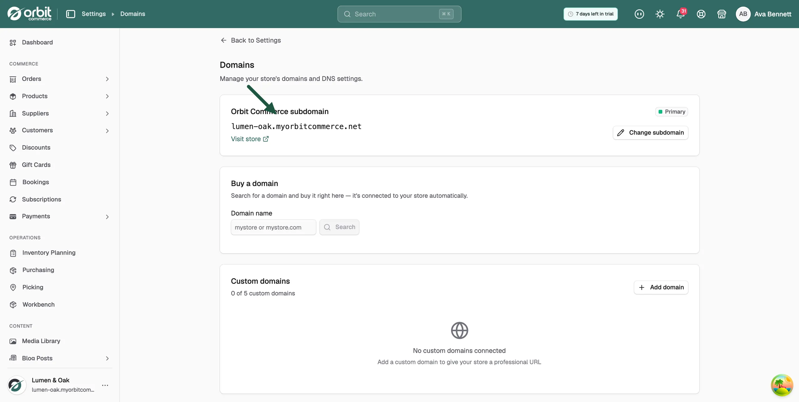 The Orbit Commerce subdomain card with the Visit store link and Change subdomain button