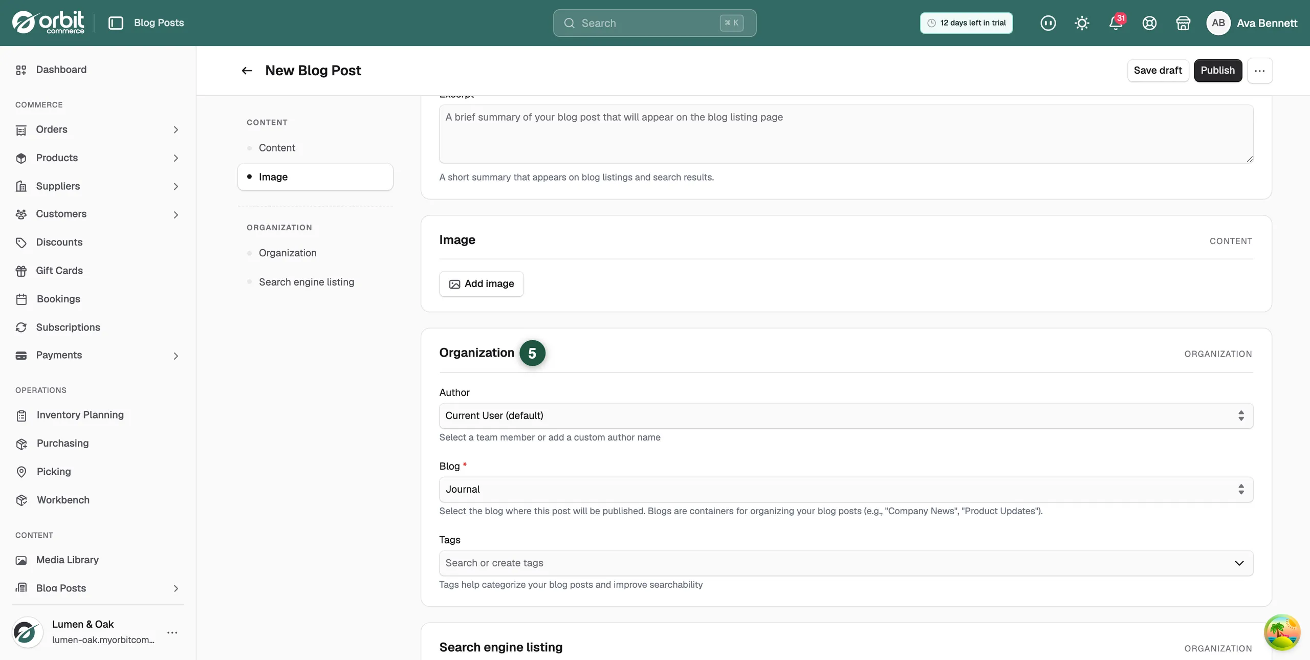 The Organization card of a blog post, showing the Author, Blog and Tags fields