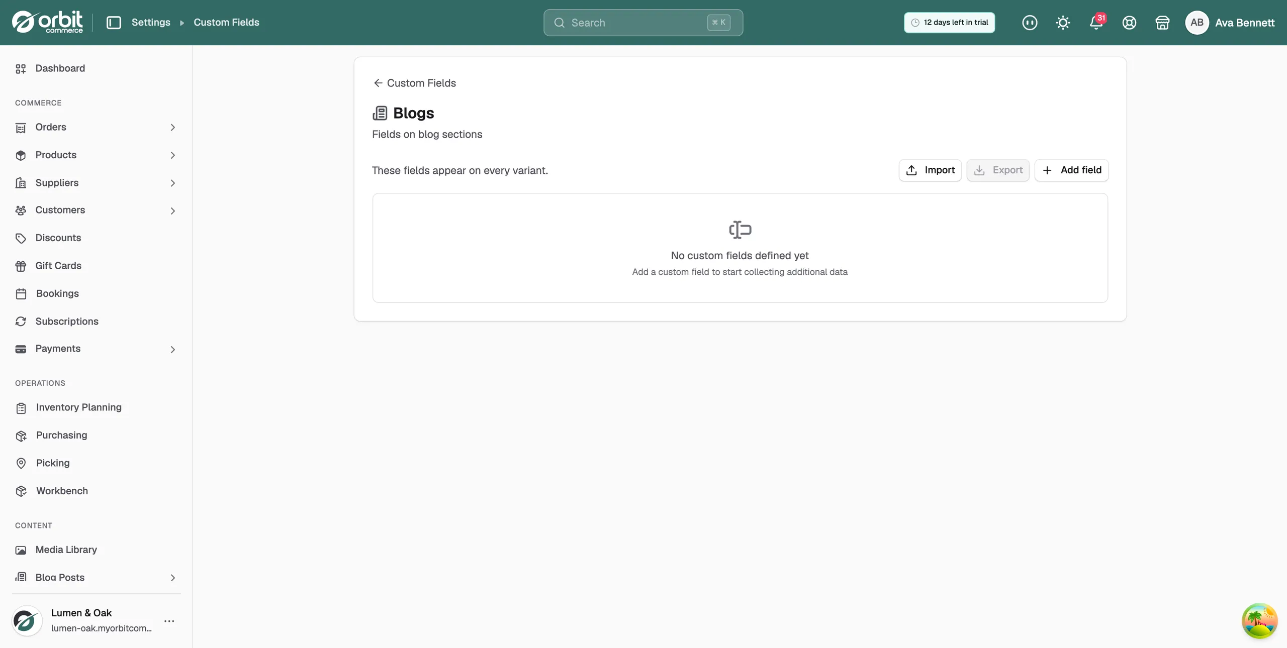 The Custom fields section on the Edit Blog page