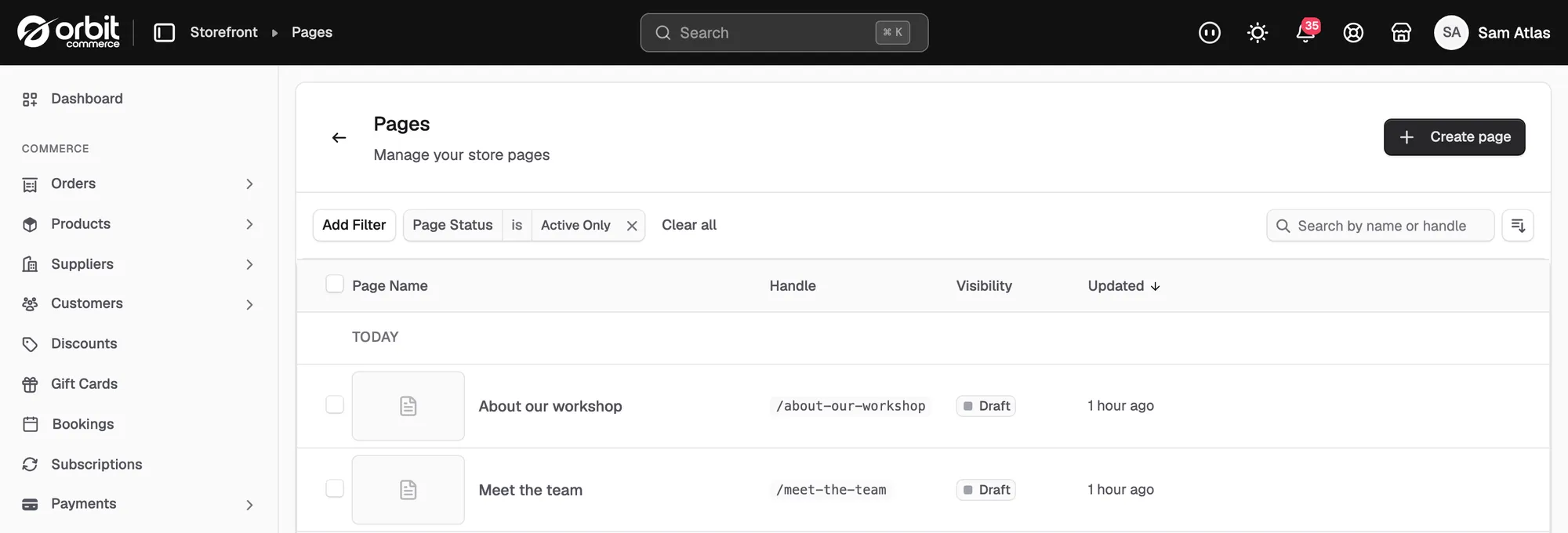 The Pages list grouped by when each page was last updated, with the handle and visibility of each one.