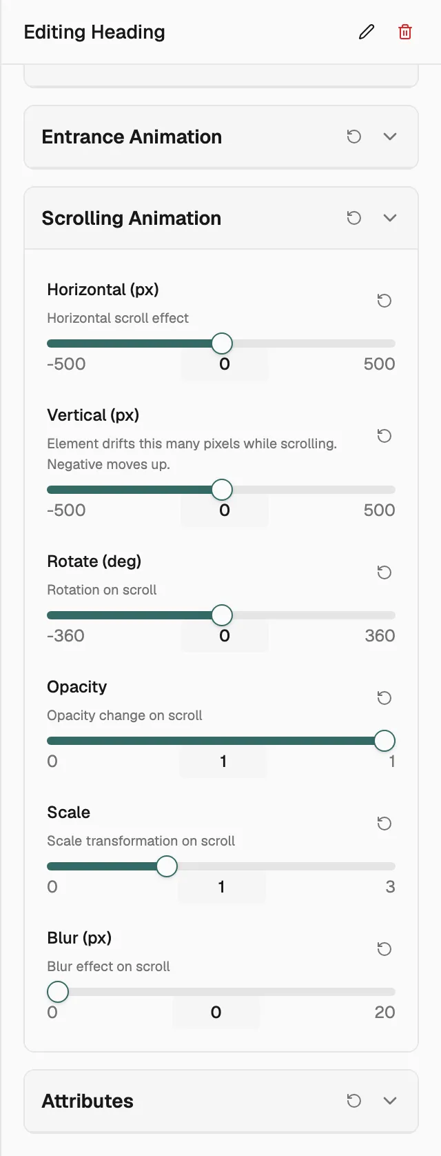 The Scrolling Animation group with its six sliders set to their starting values.