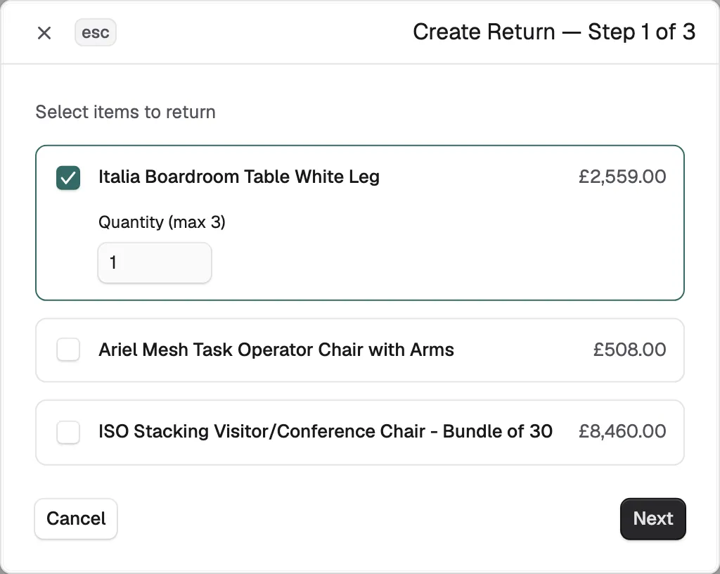 Step 1 of the Create Return window with one item ticked and its quantity box showing.