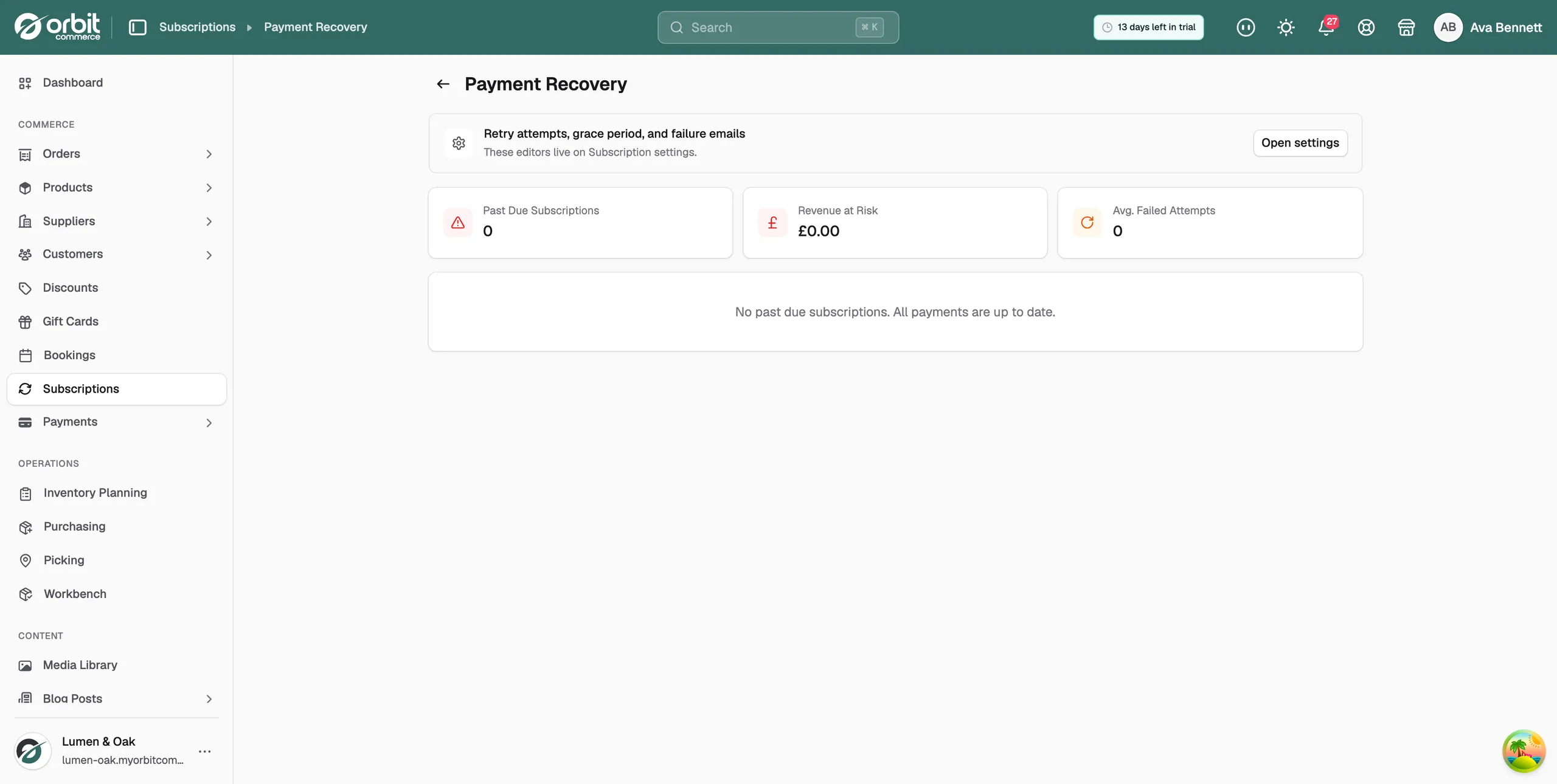 The Payment Recovery page with no past due subscriptions, showing the settings callout and the three summary cards
