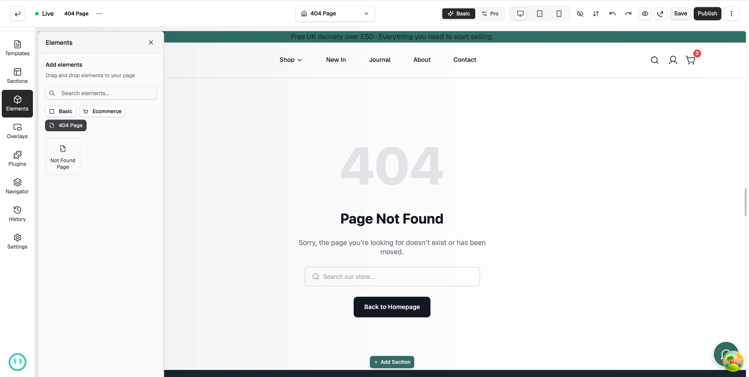 The Elements panel with the 404 Page chip selected, showing the Not Found Page tile
