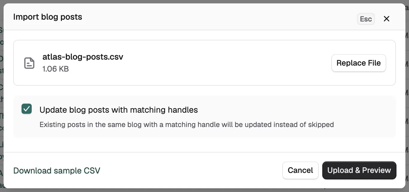 The Import blog posts dialog with a file added and the option to update posts with matching handles.