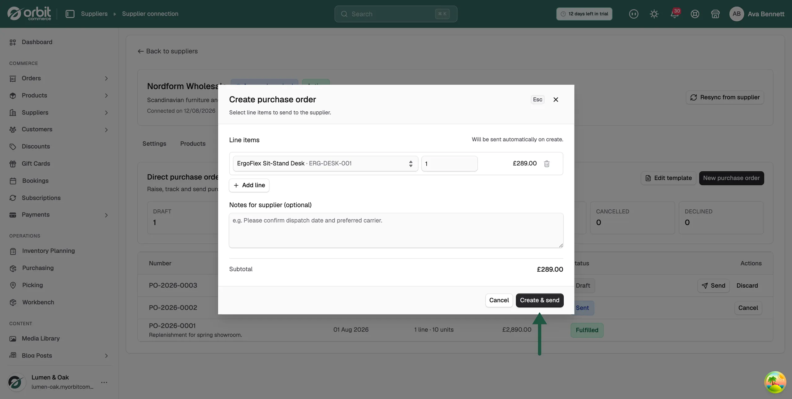 The Create purchase order panel with two line items, quantity fields, the notes box and the subtotal