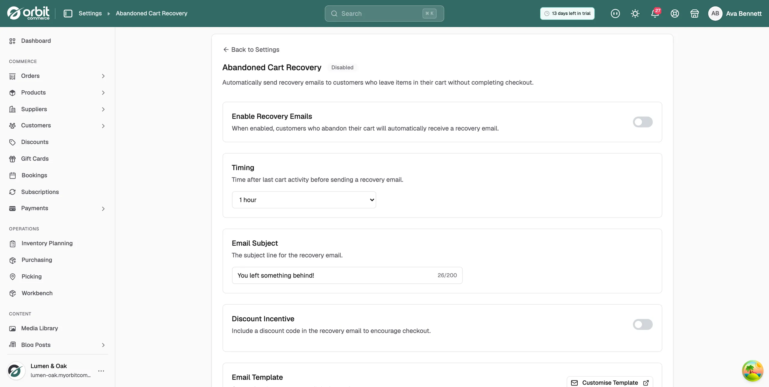 The Abandoned Cart Recovery page, with the status badge next to the page title