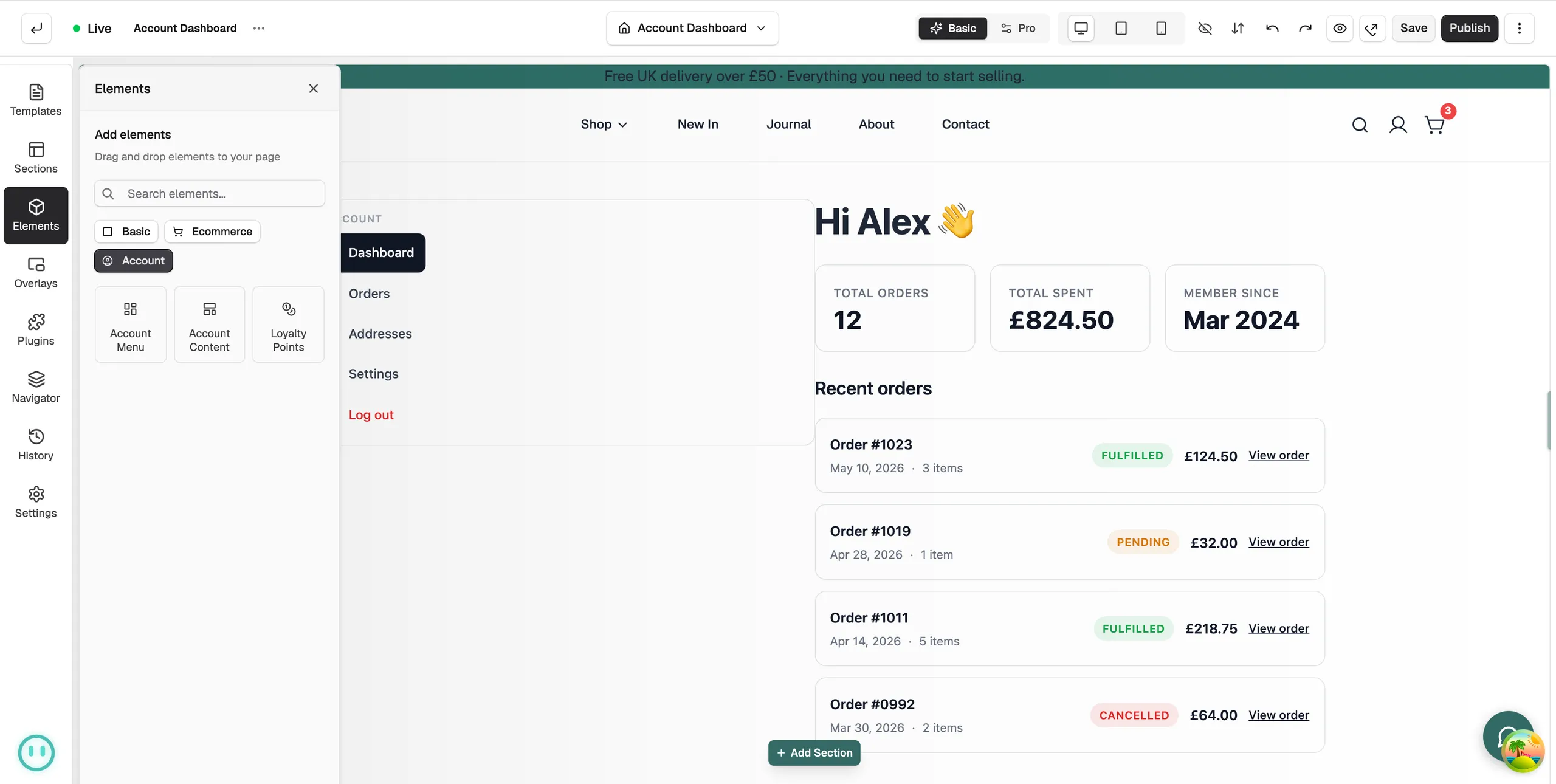The Elements panel with the Account chip selected, showing the account element tiles