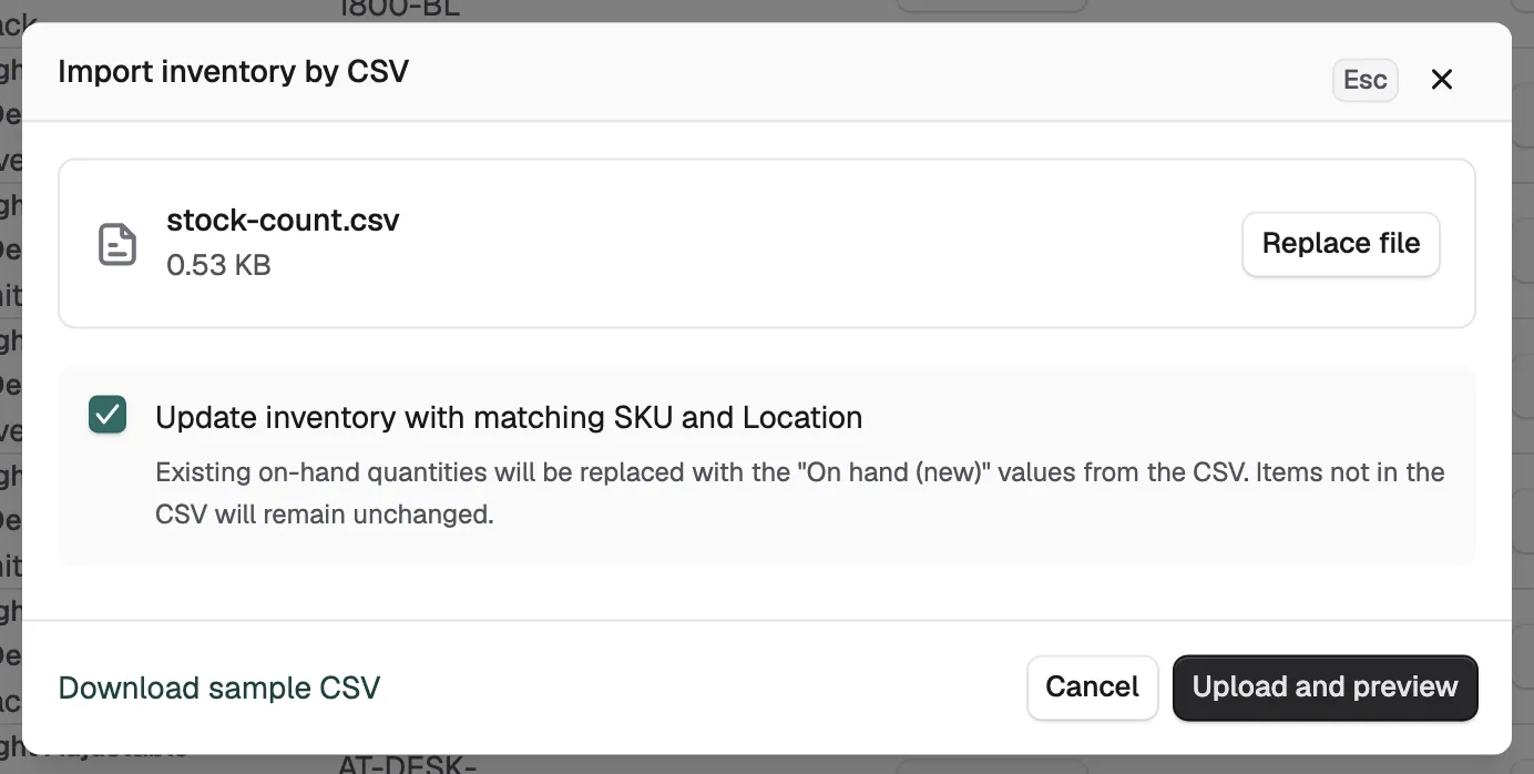 The Import inventory box with a CSV file added and the matching option ticked.