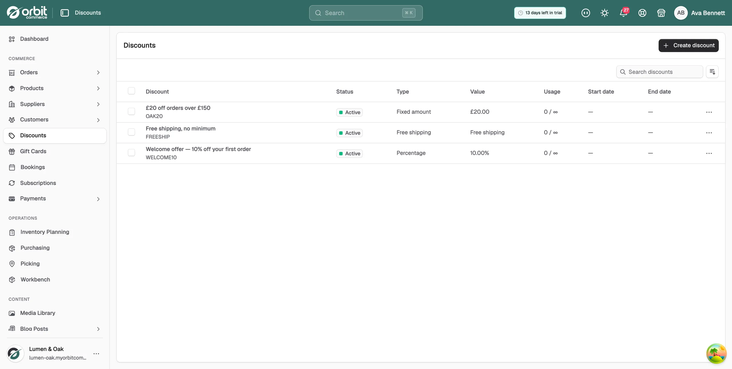 The Discounts list with columns for Discount, Status, Type, Value, Usage, Start date and End date