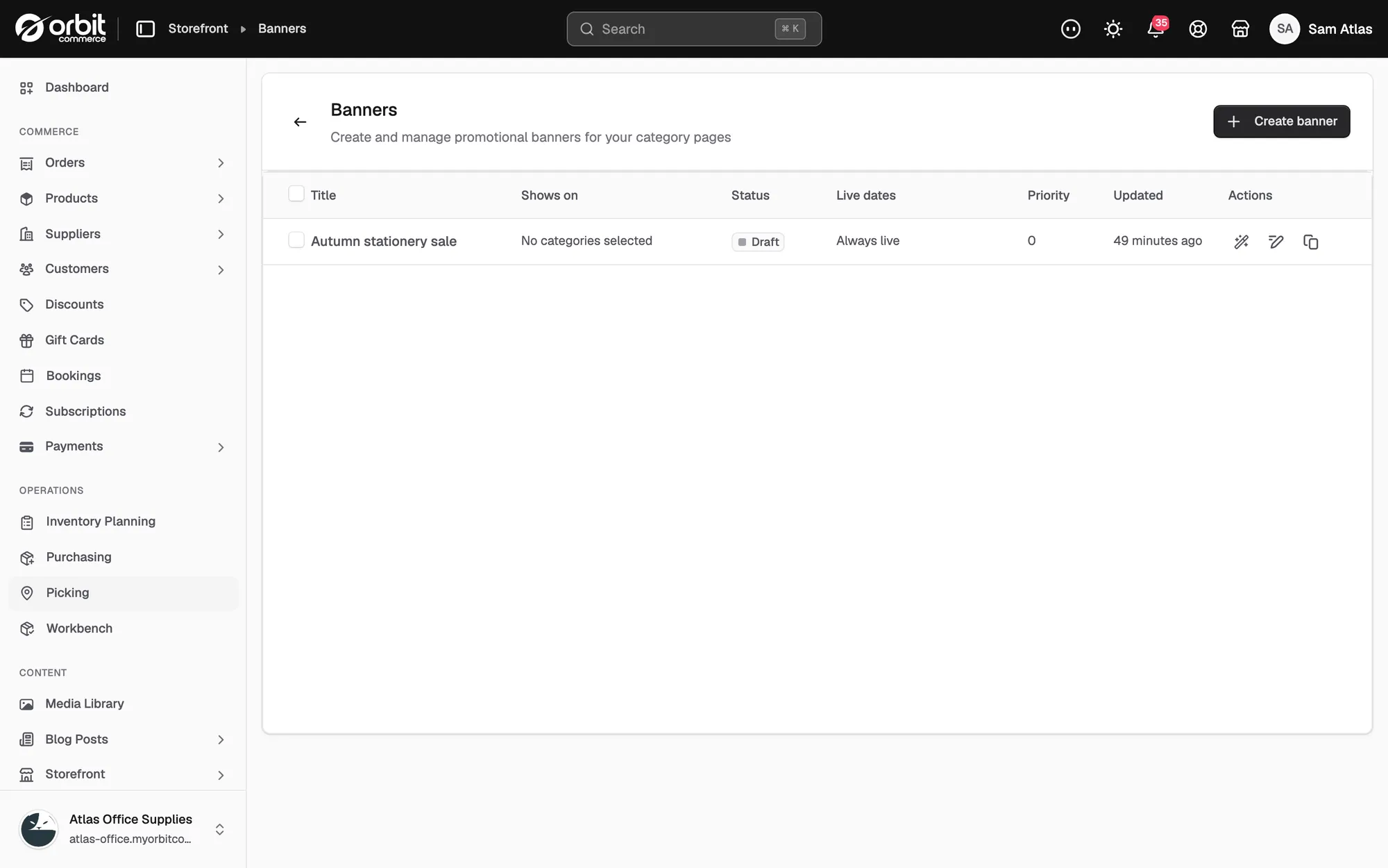 The Banners page listing a draft banner with its targeting, live dates, priority and action buttons.