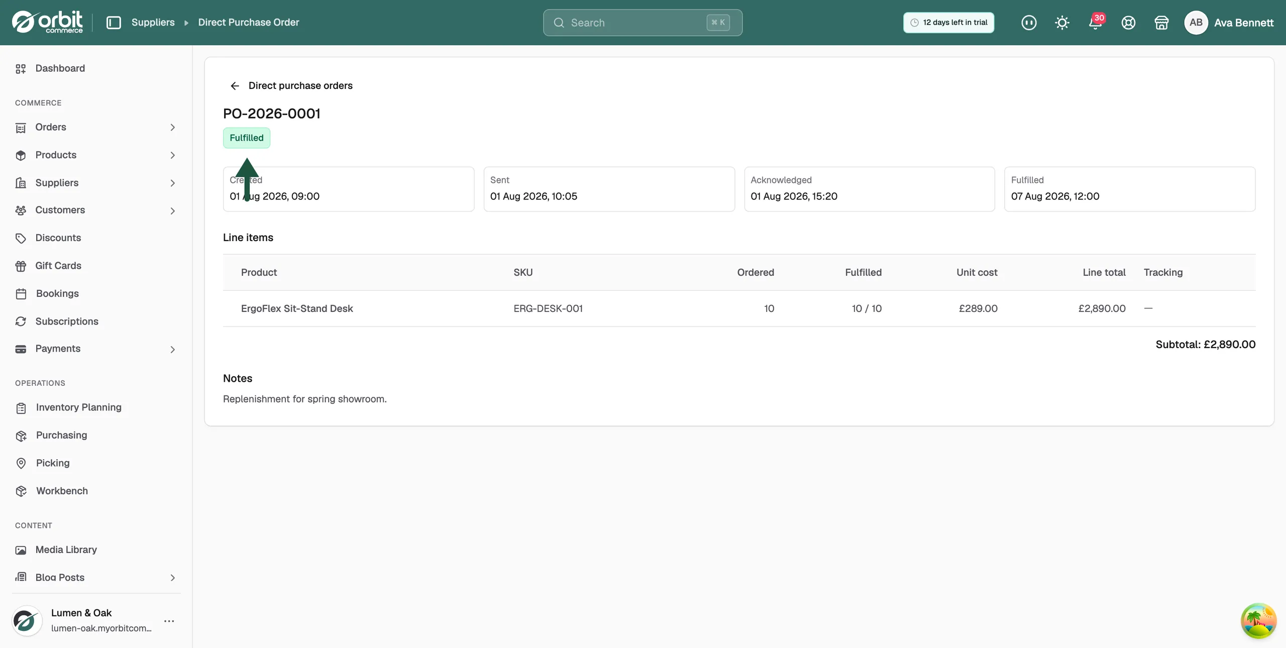 A purchase order page showing the status header, the event timeline and the line items table with the subtotal