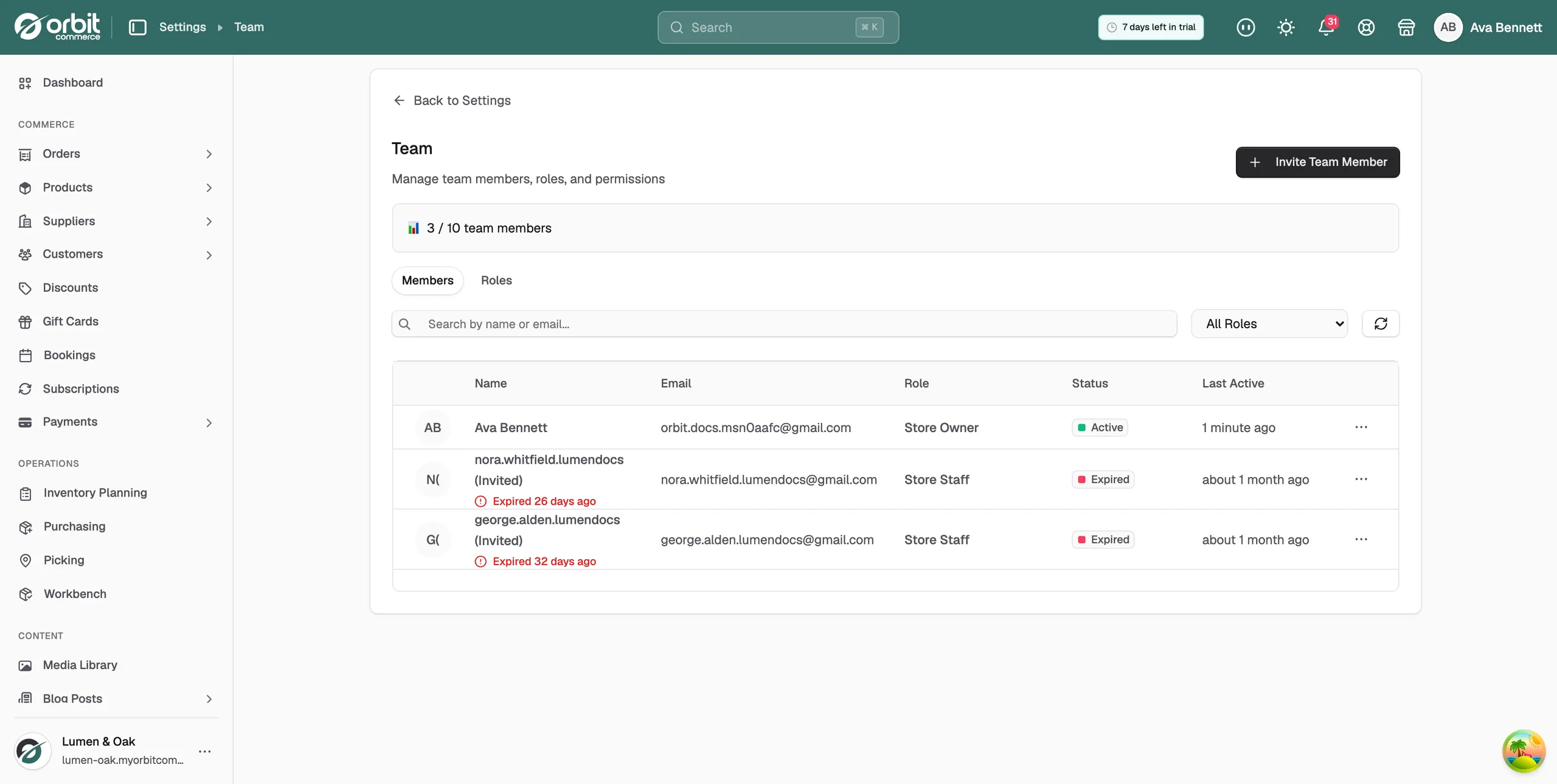 The Members tab with an active Store Owner and two invitations marked Expired