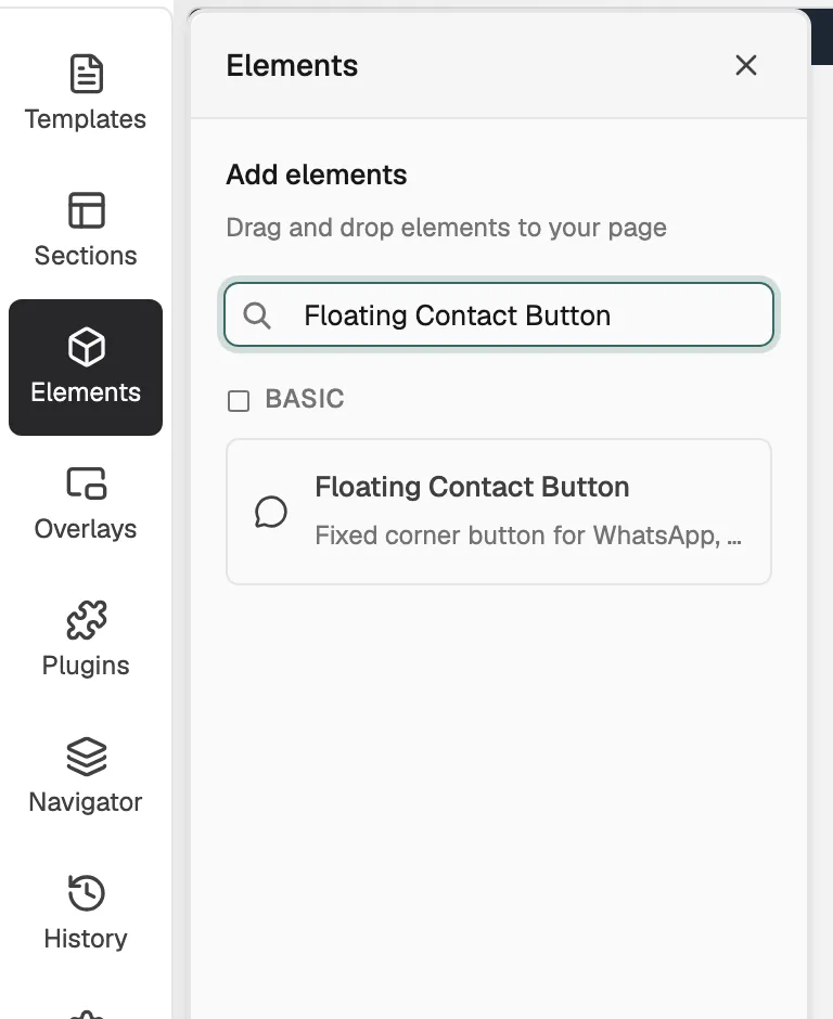 The Elements panel with Floating Contact Button found in the Basic group.