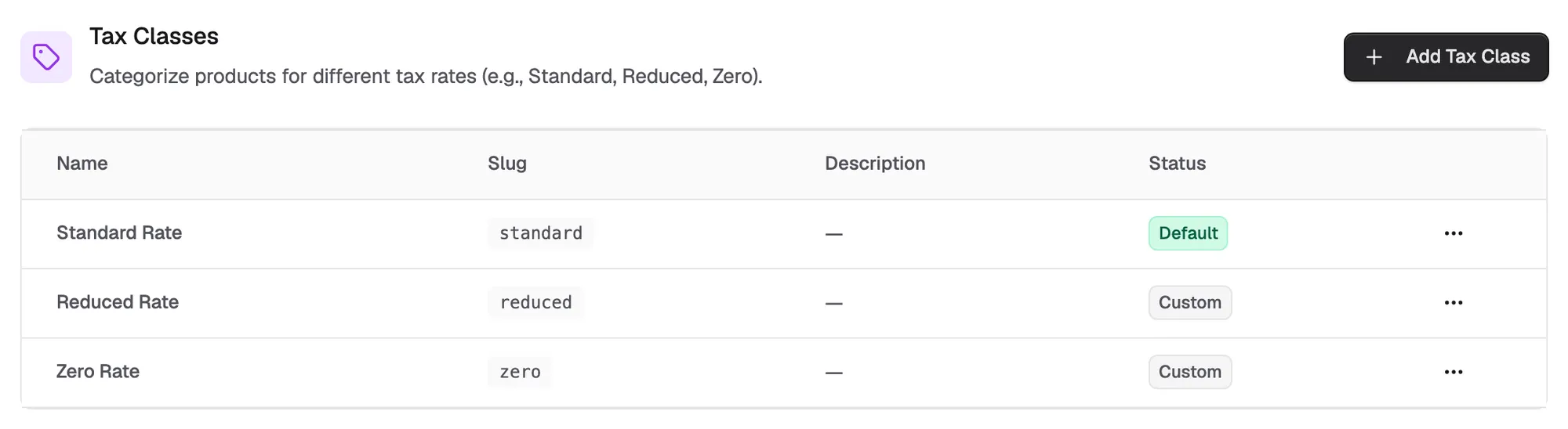 The Tax Classes table on the Tax Settings tab, listing the Standard, Reduced and Zero Rate classes.