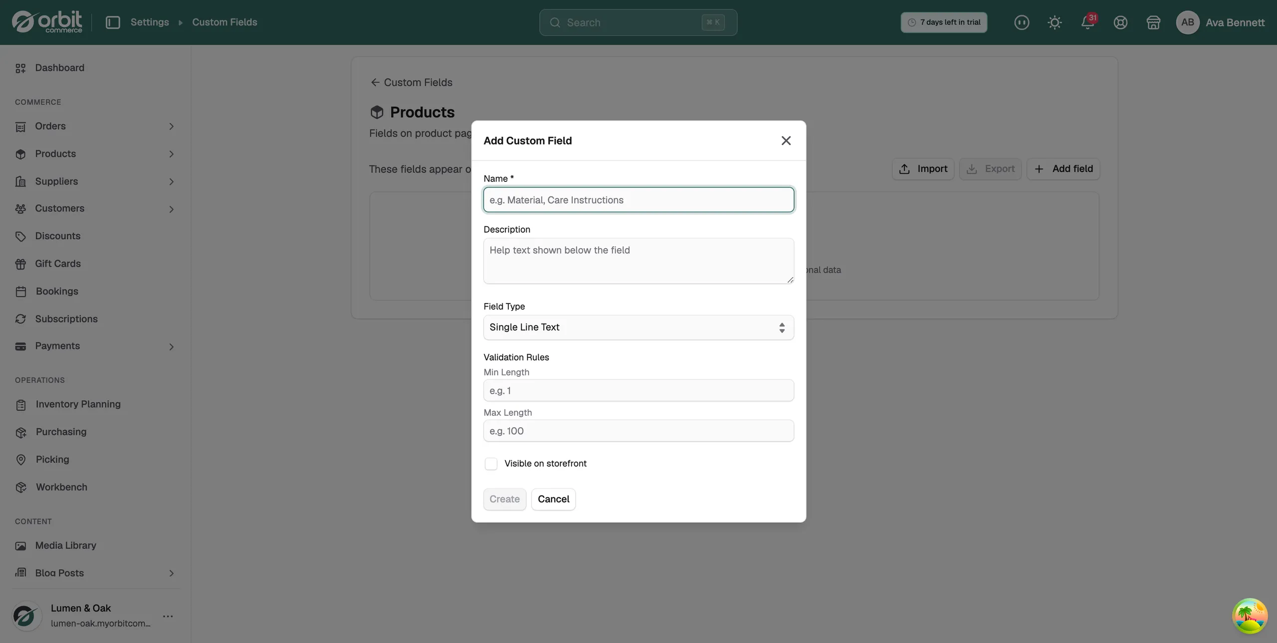 The Add Custom Field panel with Name, Description, Field Type and Validation Rules