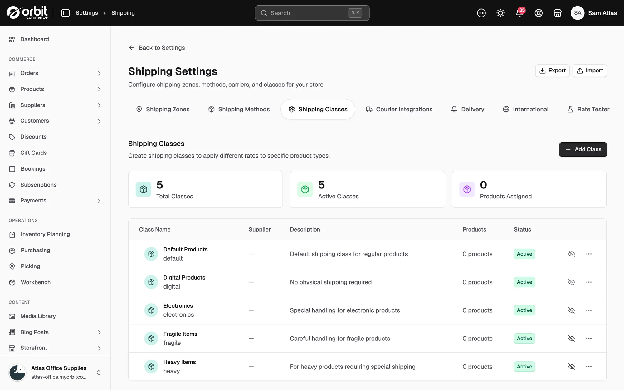 The Shipping Classes tab with five classes and the Add Class button.
