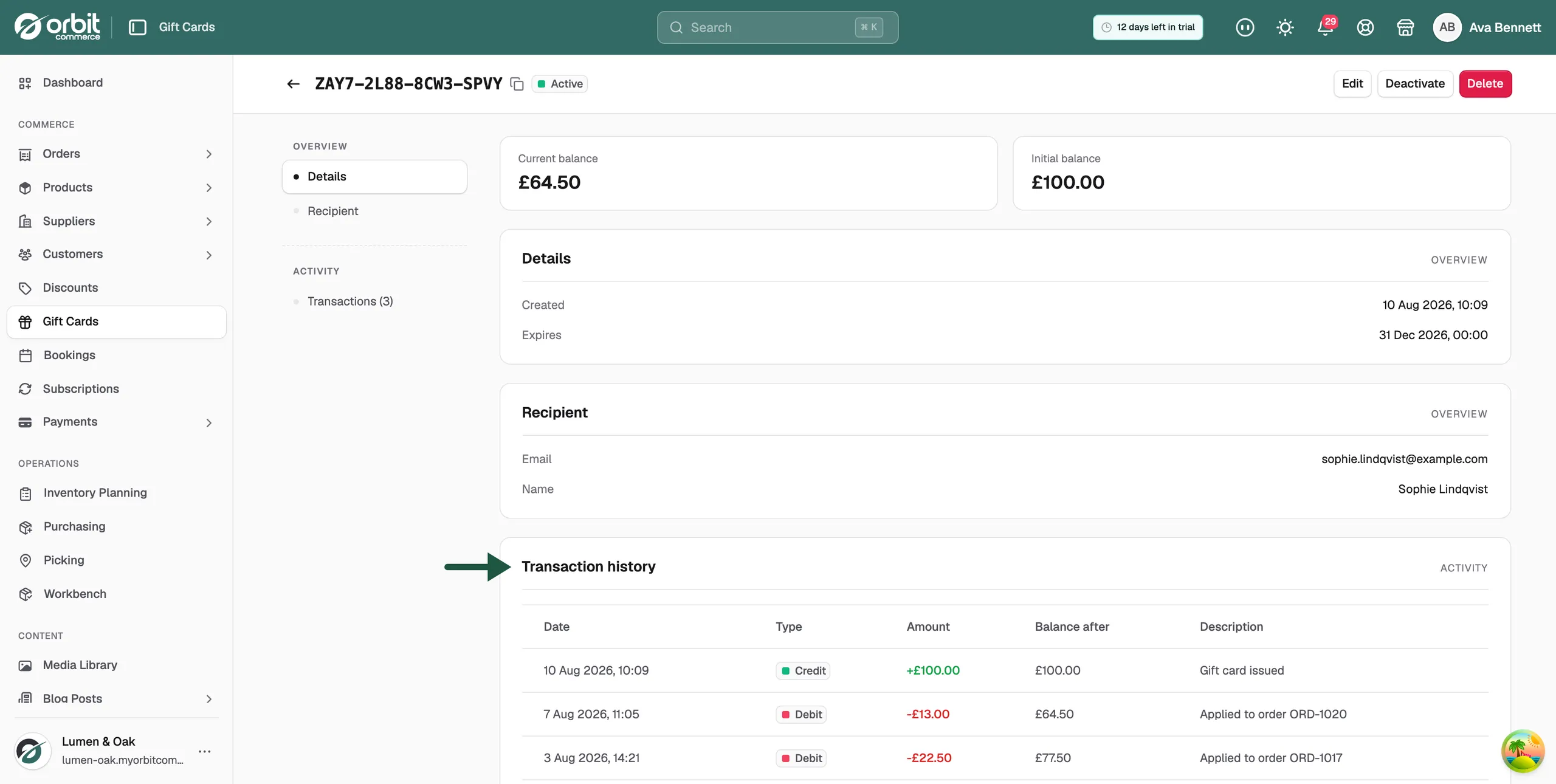 The Transaction history section of a gift card, with date, type, amount, balance after and description columns