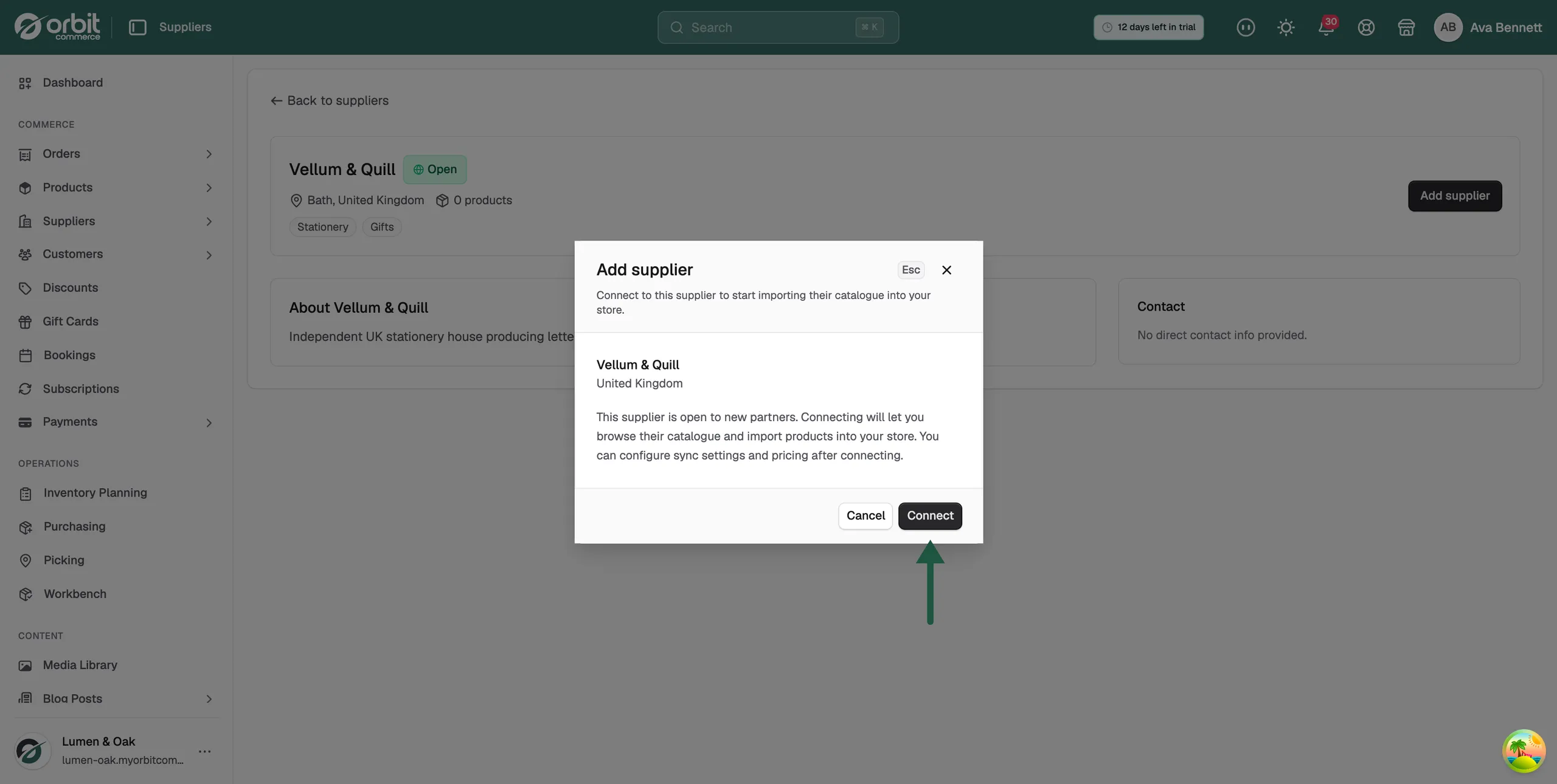 The Add supplier window showing the supplier name and the Cancel and Connect buttons
