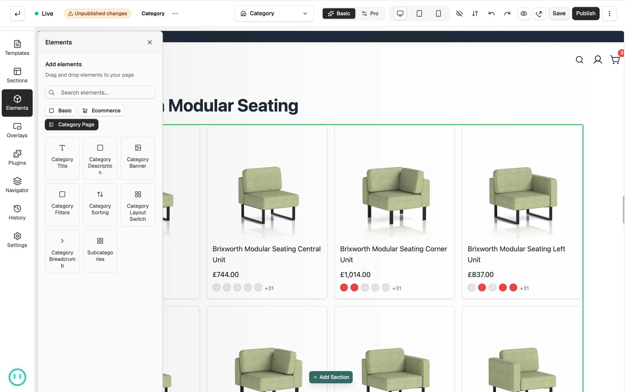 The Category Page group in the page builder elements panel, with the Category Filters and Category Sorting elements.