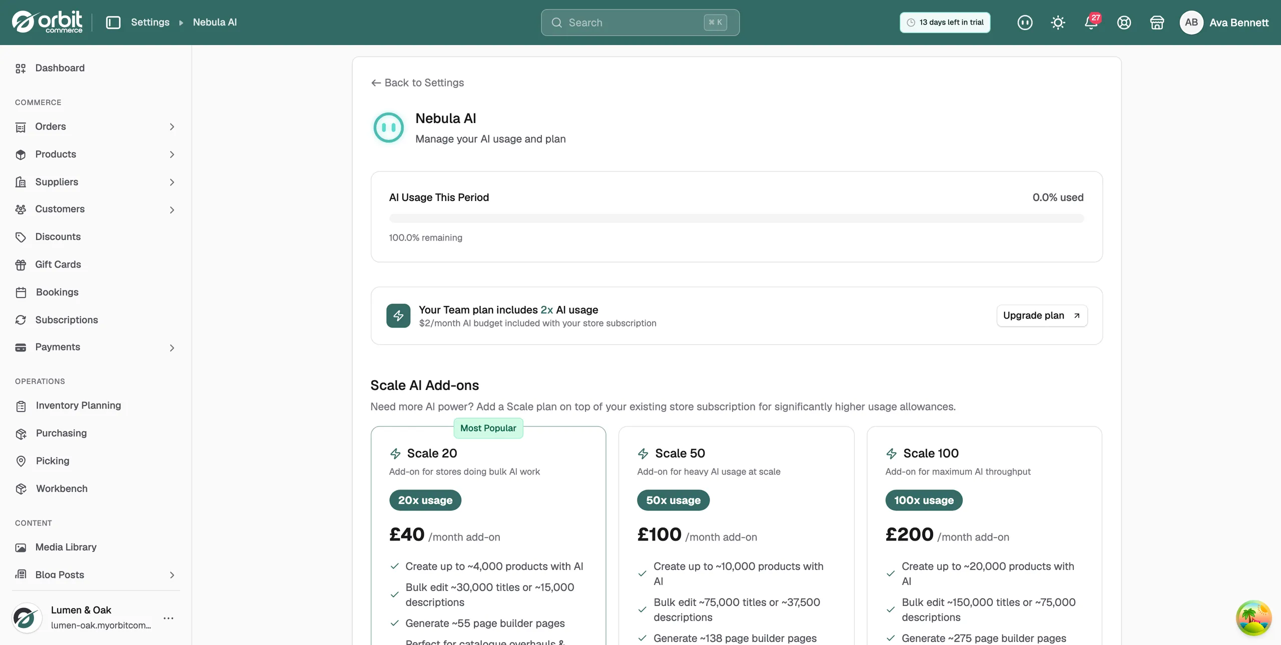 The Nebula AI settings page showing the AI Usage This Period meter and the plan card