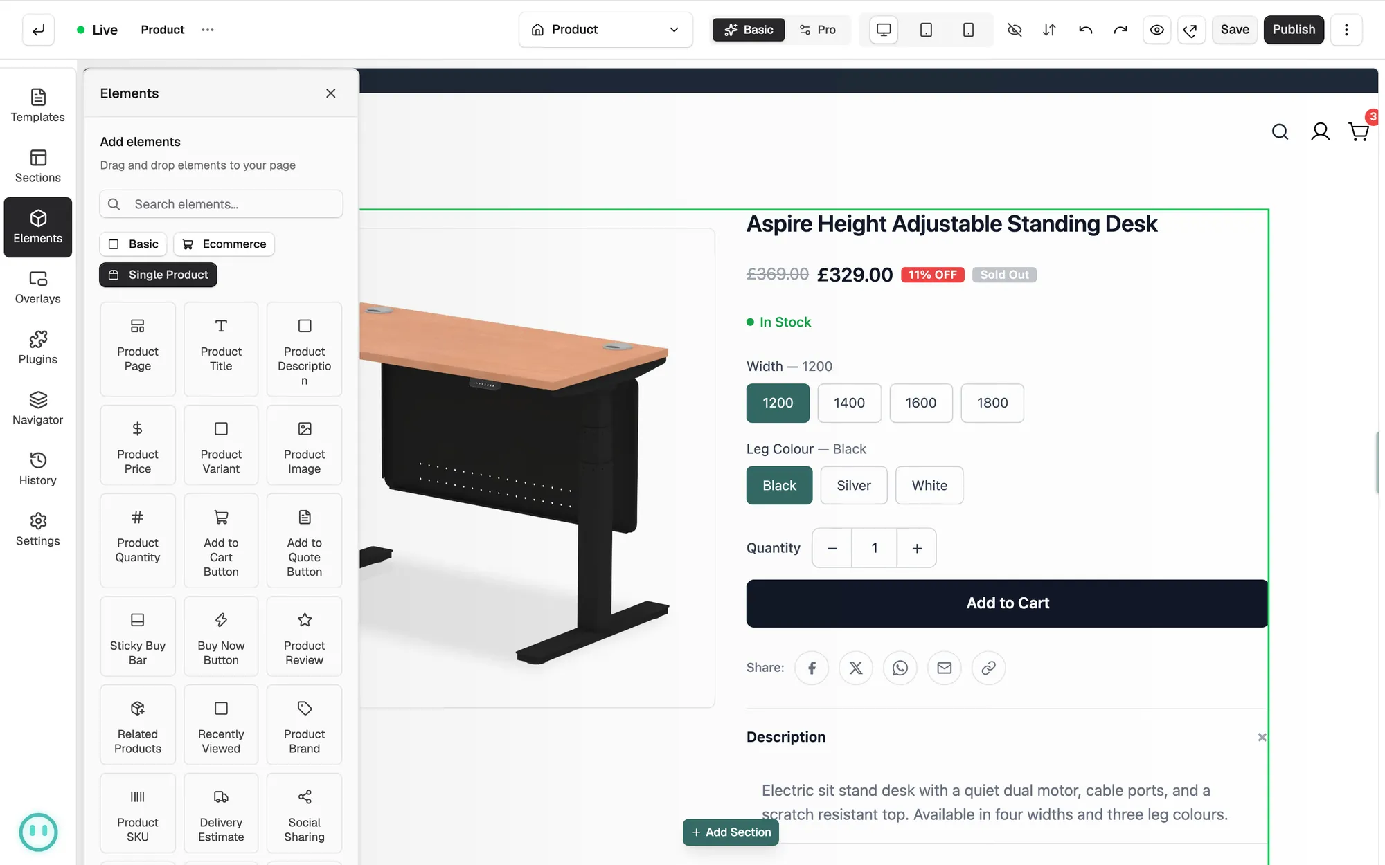 The Single Product tab of the Elements panel while a product template is open.