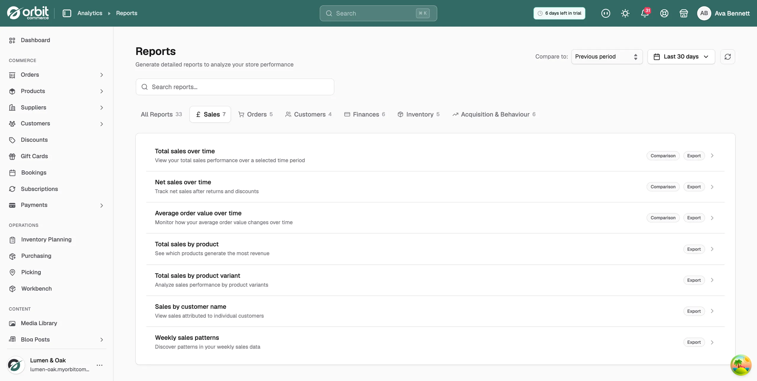 The Sales tab of the Reports page, listing the sales reports with their Comparison and Export badges