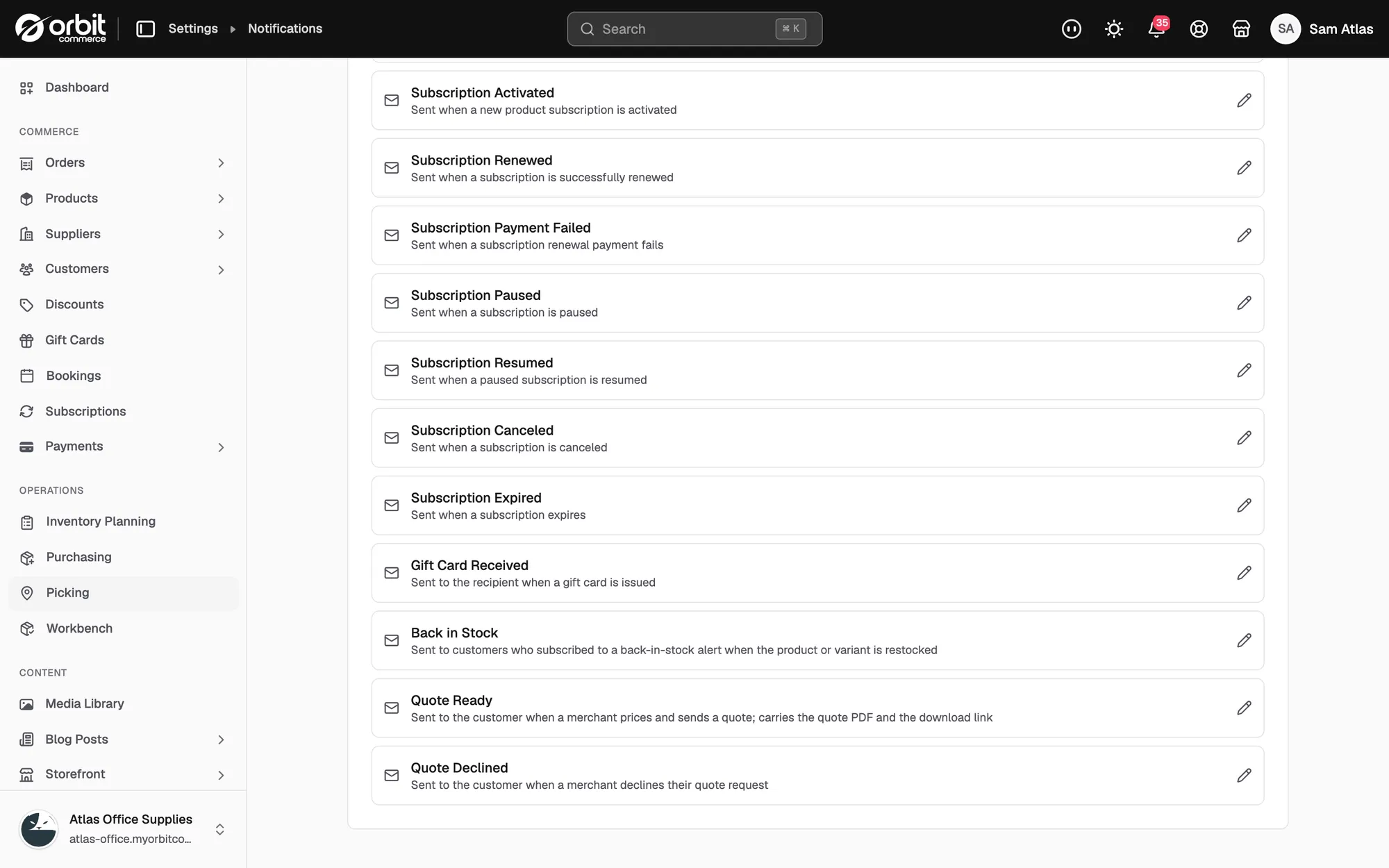 The Customer Email Templates list with the Back in Stock template in it.